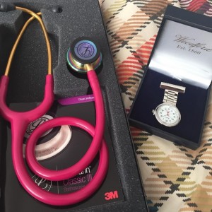 A stethoscope and a non-antique fob watch for a new nurse